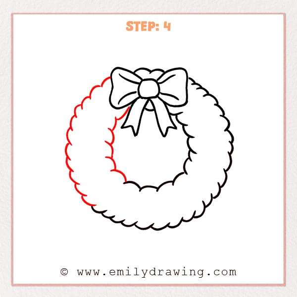 how to draw a christmas wreath - A Christmas wreath with a bow at the top now has a growing inner scalloped line on the left, creating a thicker ring shape.
